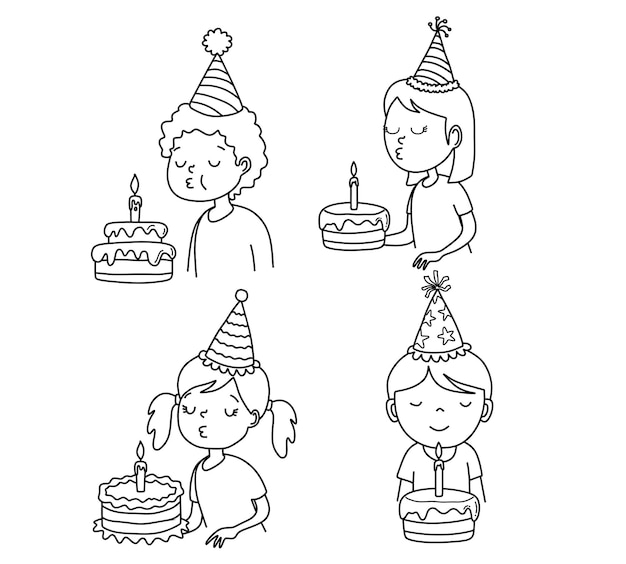 doodle set little boy blowing out birthday candles.