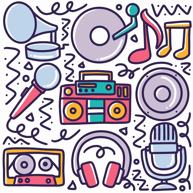 Doodle set of music tools hand drawing with icons and design elements