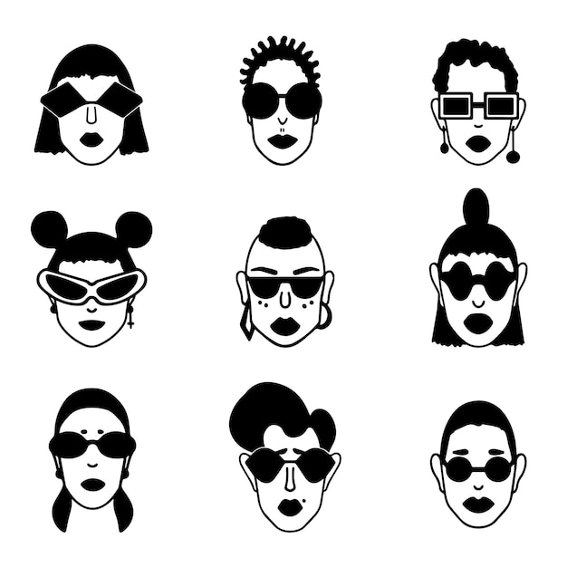 Doodle set of people faces Handdrawn woman portraits in sunglasses