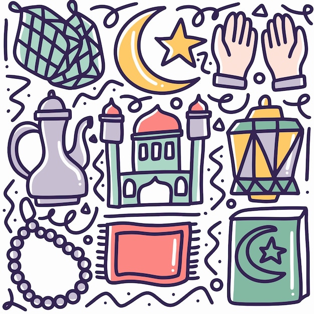 Doodle set of ramadan day hand drawing with icons and design elements