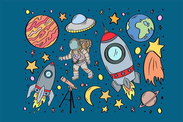 Doodle set of space objects and symbols Colorful doodle space elements on blue background