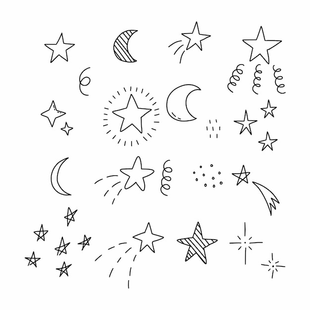 Doodle set star Vector hand drawn illustration Stickers for design postcard