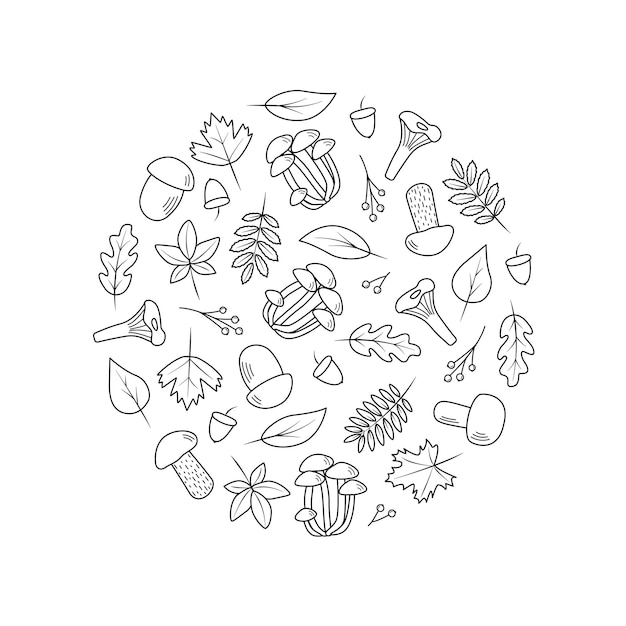 Doodle set of tree leaves and mushrooms autumn concept vector illustration