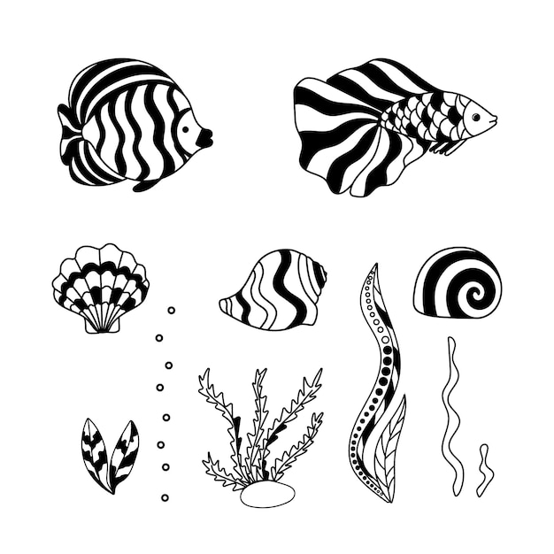 Doodle set of the underwater world with fish Outline of shells and algae in black and white