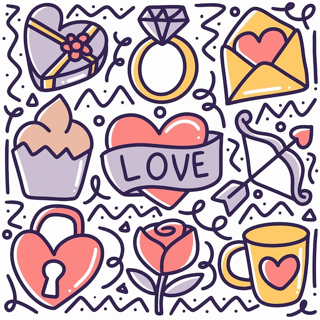 Doodle set of valentine day hand drawing with icons and design elements