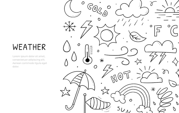 Doodle set of weather theme items Horizontal banner template Contains vector sign of the sun clouds snowflakes wind rain moon lightning and more isolated on white background