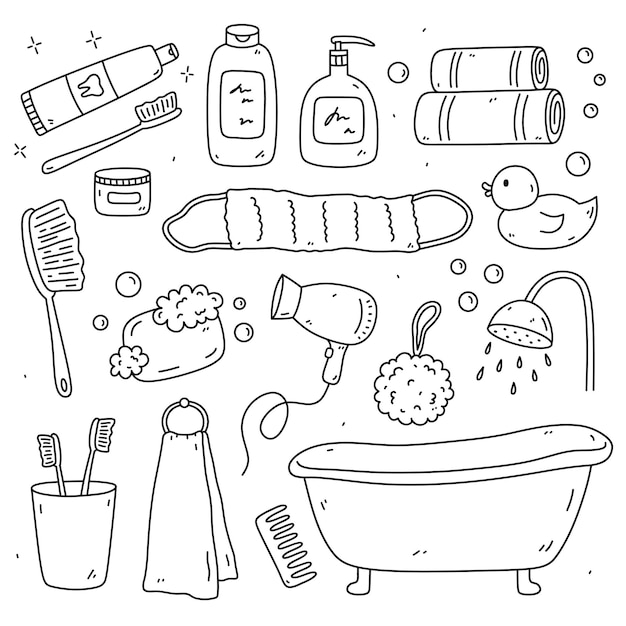 Doodle set with bathroom accessories toothpaste toothbrush shampoo soap towels washcloths hair dryer