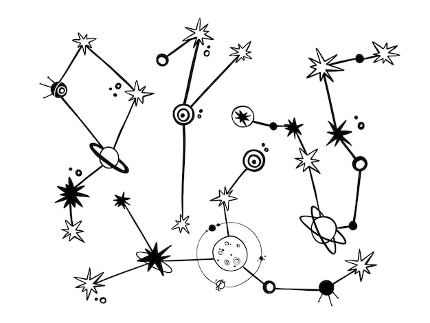 Doodle set with constellations of different shapes. doodle planets and satellites. hand drawn illustration.