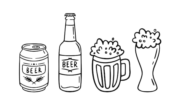 Vector doodle simple beer mug or cup outline simple style hand drawn icon bottle of beer mug of beer vector