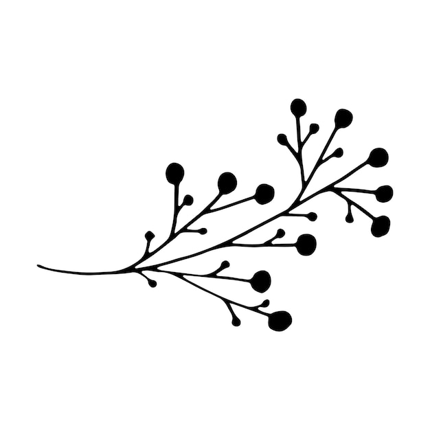 Doodle single twig branch with berries element Dry shrub bush twig Vector illustration