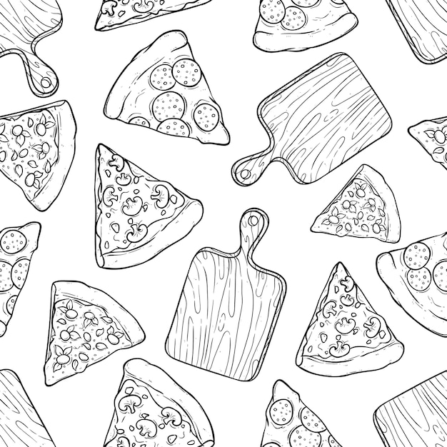 doodle or sketch cutting board with kind of delicious pizza slice in seamless pattern