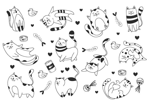 Doodle sketch line art animal cats characters hand drawn isolated set modern simple line outline