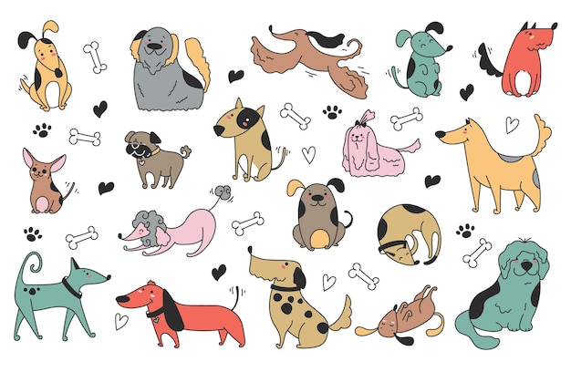 Vector doodle sketch line art animal dogs puppy characters hand drawn isolated set