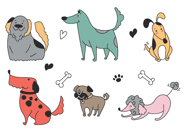 Vector doodle sketch line art animal dogs puppy characters hand drawn isolated set