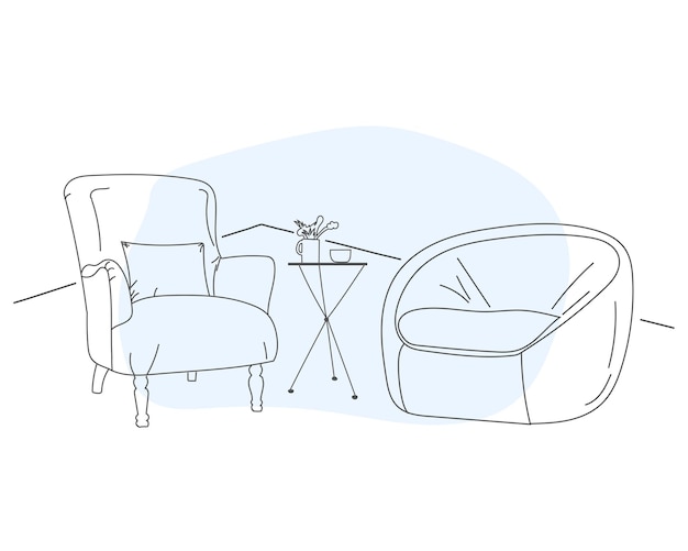 Doodle sketch of living room chair, line drawing, vector