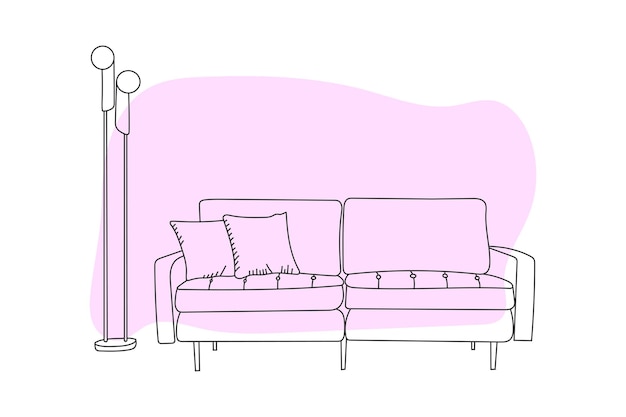 Doodle sketch of living room sofa, line drawing home decoration, vector