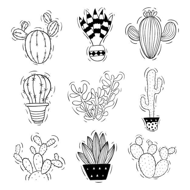 Vector doodle or sketch style of cactus with pot