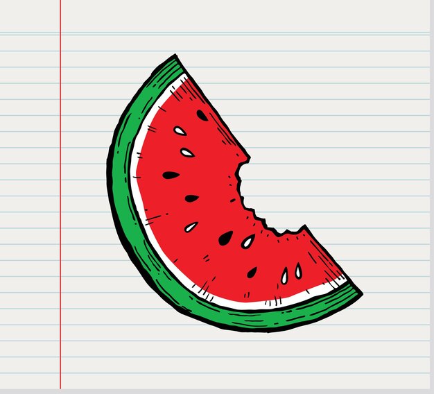 Vector doodle slice of watermelon on white paper background