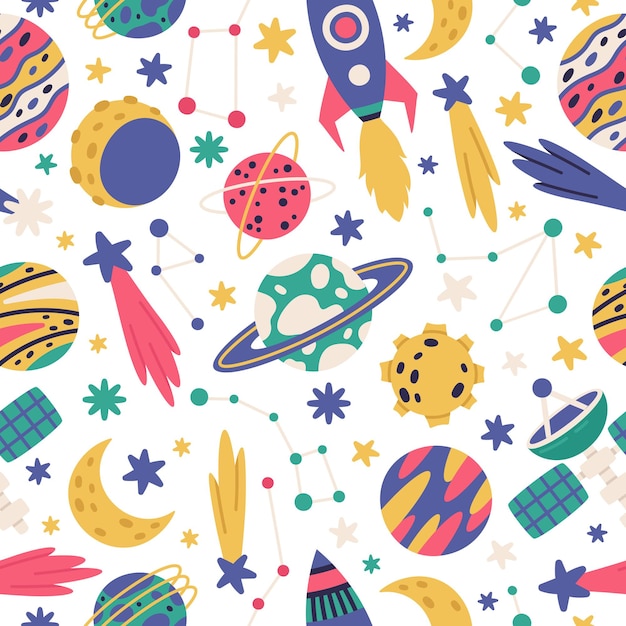 Doodle space cosmic seamless pattern planets spaceship and stars cartoon vector illustration