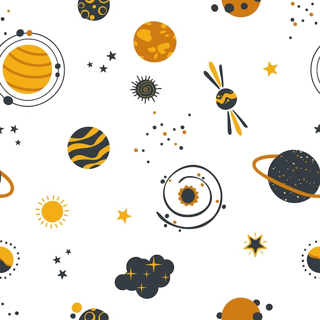 Doodle space. Seamless pattern, vector illustration. Cute pattern for children.