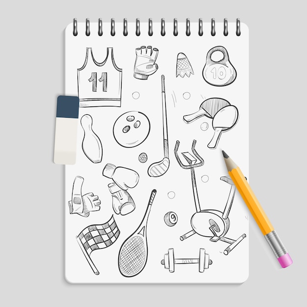 Doodle sport elements on realistic notebook