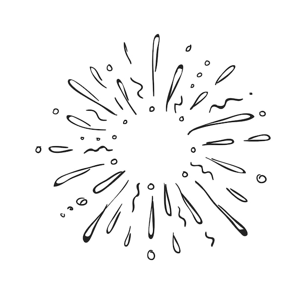 Doodle starburst Hand drawn explosion Outline splash with drops Black and white sketch Contour firework or star light Decorative round frame Vector minimal diverging sunbeams