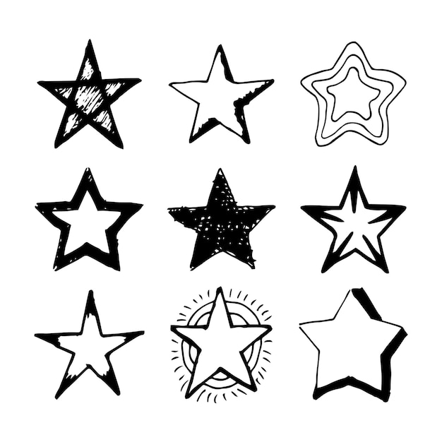 Doodle stars. Set of nine black hand drawn stars isolated on white background. Vector illustration