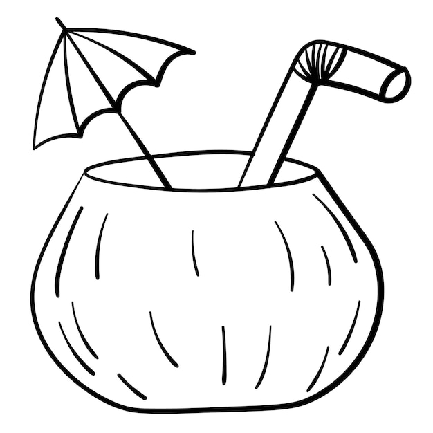 Doodle sticker cocktail in coconut with straw and umbrella