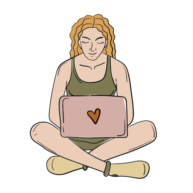 Doodle sticker with a girl sitting on the floor with a laptop