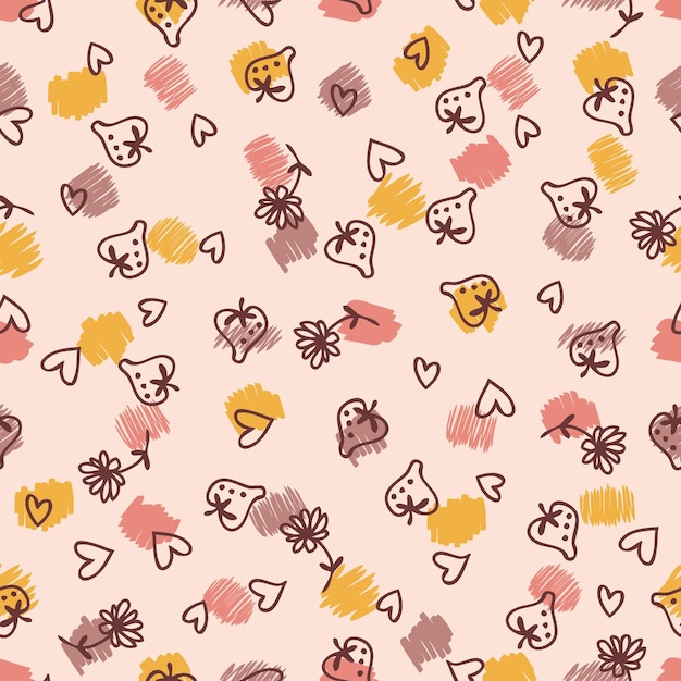 Doodle strawberries flowers and hearts seamless pattern Perfect for scrapbooking textile and prints Hand drawn vector illustration for decor and design