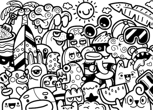 Doodle style abstract grunge urban style with monster characters in summer concept