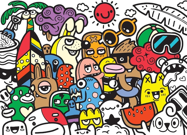 Doodle style abstract grunge urban style with monster characters in summer concept