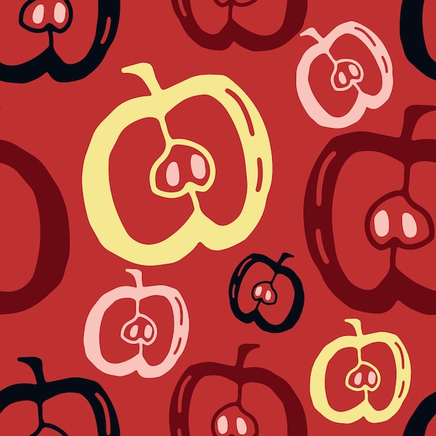 Doodle style apples seamless pattern Abstract print on a red background hand drawn