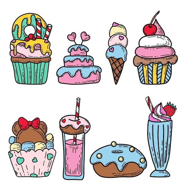 A doodle-style banner. Dessert banner. Ice cream vector. Dessert banner. Homemade white cake. Cup cakes isolated. Print for fabric, packaging, label, postcard, print.  Dessert set