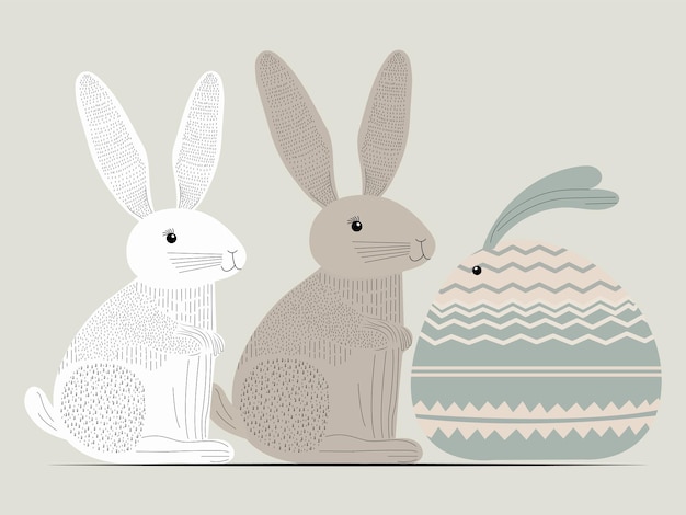 Doodle Style Bunnies Characters On Gray Background