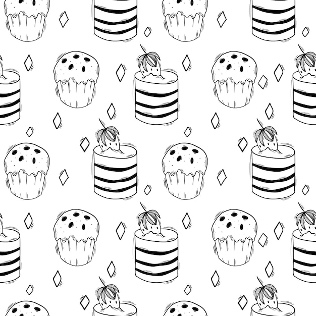 Doodle style cakes seamless pattern black outline vector