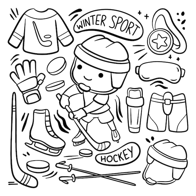 Doodle Style Cartoon Hockey Player and Equipment