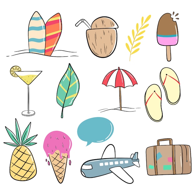 Doodle style of cute summer collection on white background