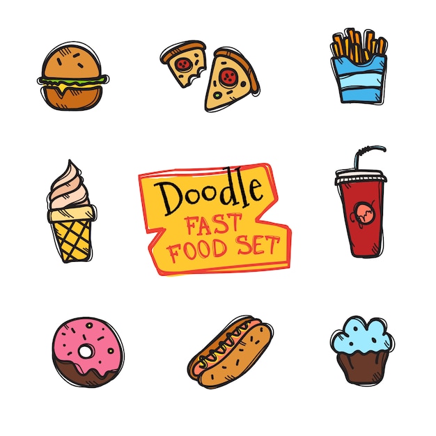 Doodle style fast food set. Cute hand drawn collection of snack icons