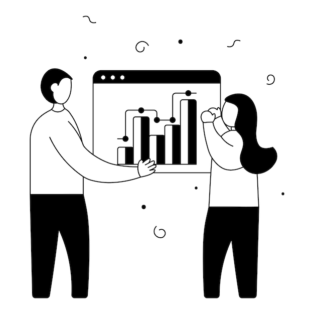 Doodle Style Illustration Of Faceless Young Man And Woman Presenting Infographic Chart On White Background