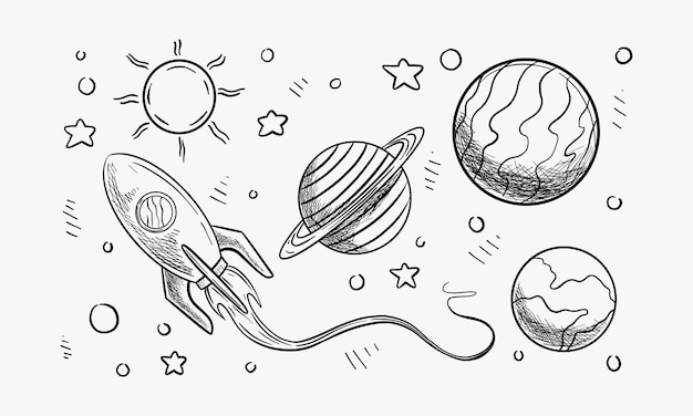 Vector doodle style science fiction set sketch in vector format set includes retro rocket ship and a variety of cartoon planets