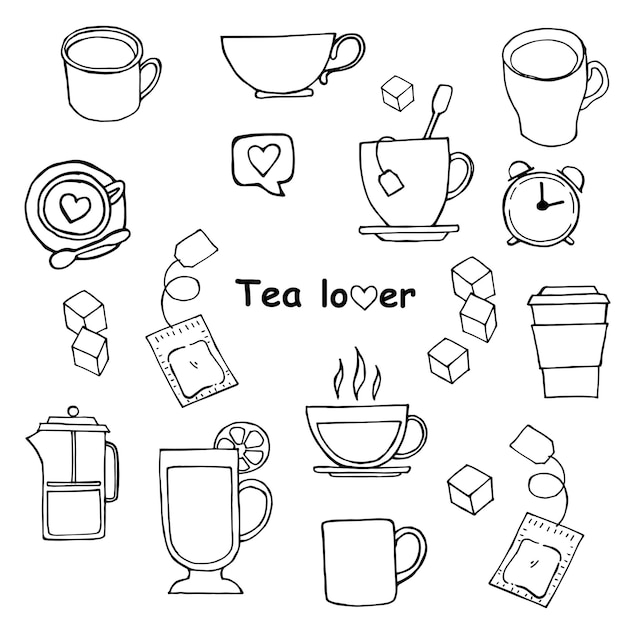 doodle style vector illustration simple tea hand drawings mugs tea bags sugar a French press