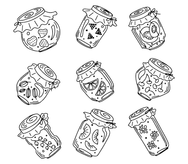 Doodle style vector jars with various fruit jam, black outline on white background