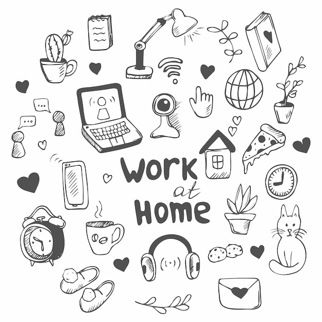 Doodle style vector set about working at home