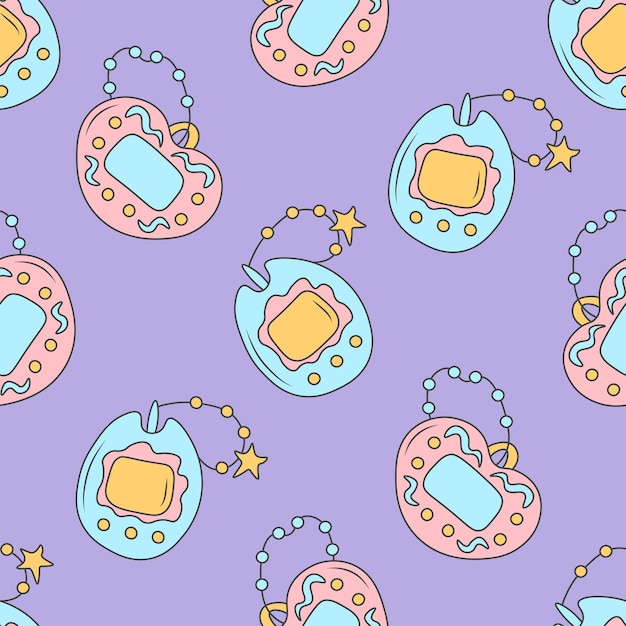 Doodle style vintage seamless pattern with tamagotchi