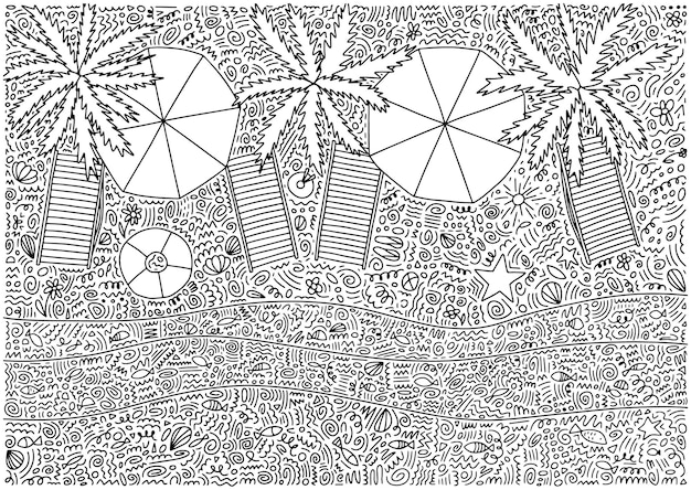 Doodle summer beach coloring page top view Vector hand drawn sunny beach top view with palms umbrellas and chaise lounges Coloring book for children and adults