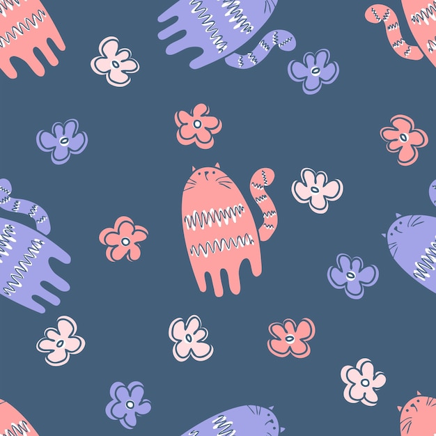 Doodle summer seamless pattern with tigers and flowers Perfect for Tshirt textile and prints Hand drawn vector illustration for decor and design