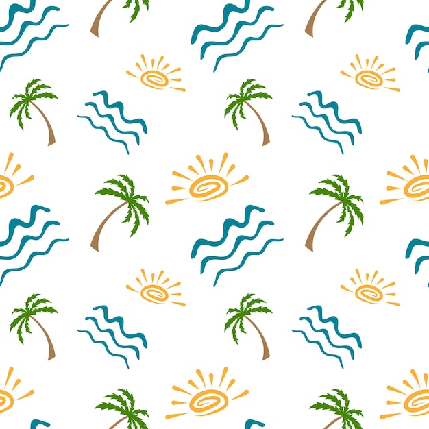 Doodle summer tropical seamless pattern Geometric abstract background with hand drawn sea waves palm trees and sunshine Summer holiday concept