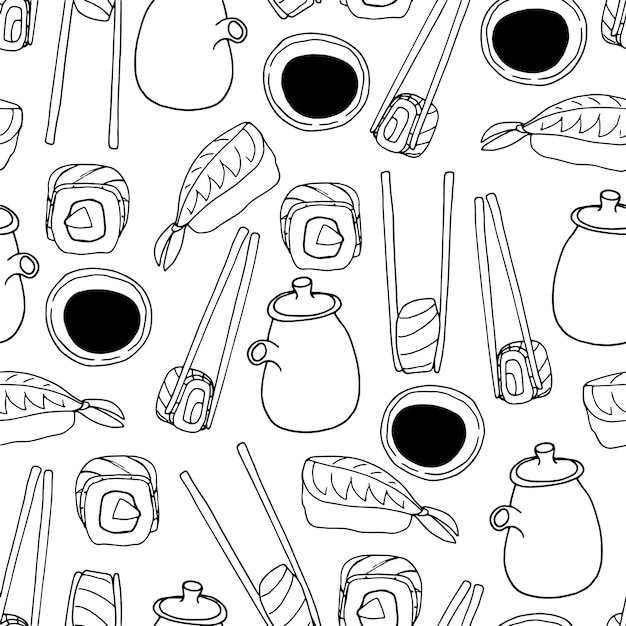 Doodle sushi seamless pattern outline hand drawn vector for decor, menu cover, textile, backgrounds