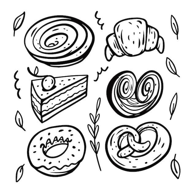 Doodle sweet bakery food set objects. Hand drawn outline flat icons. Vector illustration.